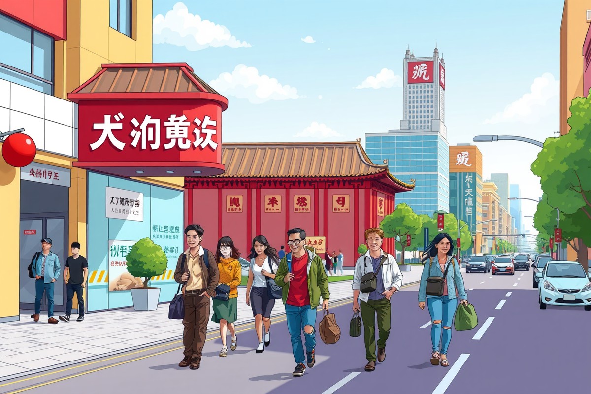 Foreigners walking in Qingyang 庆阳市 near a local landmark for WeChat groups.