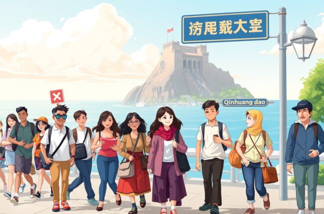 Foreigners walking near Beidaihe landmark in Qinhuangdao for WeChat groups community.