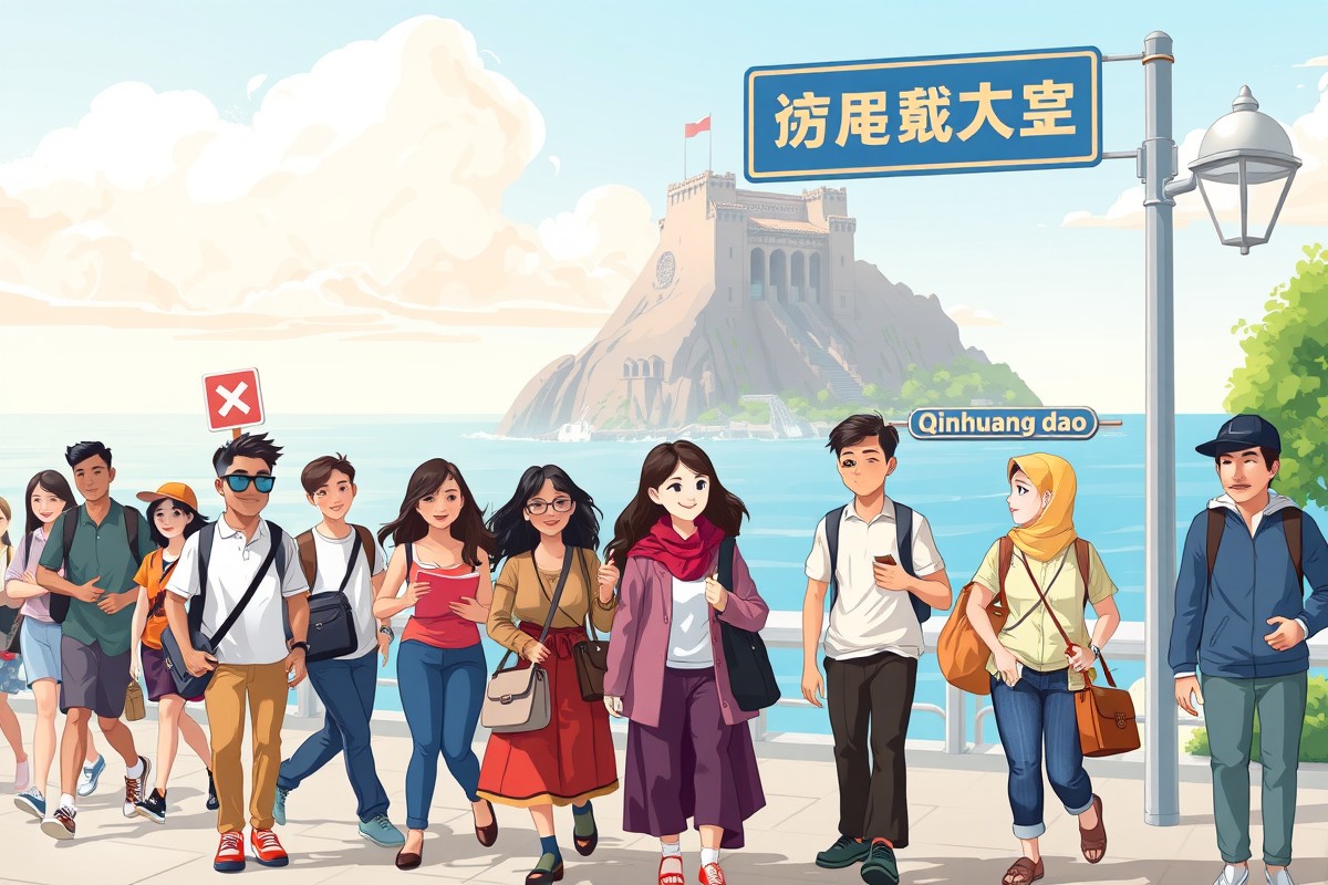 Foreigners walking near Beidaihe landmark in Qinhuangdao for WeChat groups community.