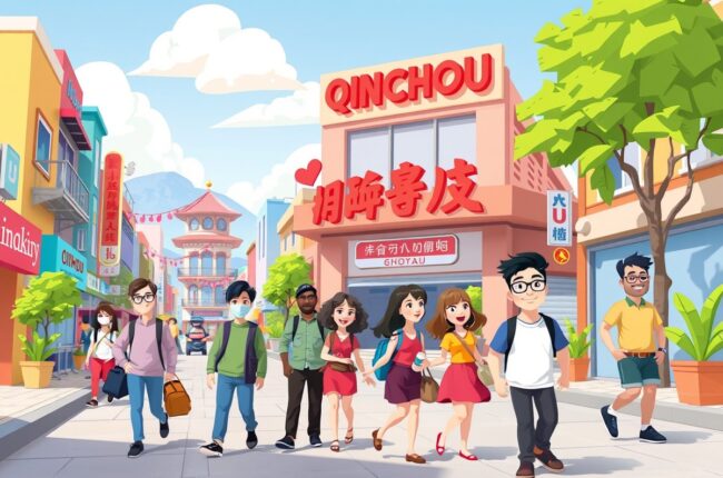 Foreigners walking near a landmark in Qinzhou for the local WeChat groups.