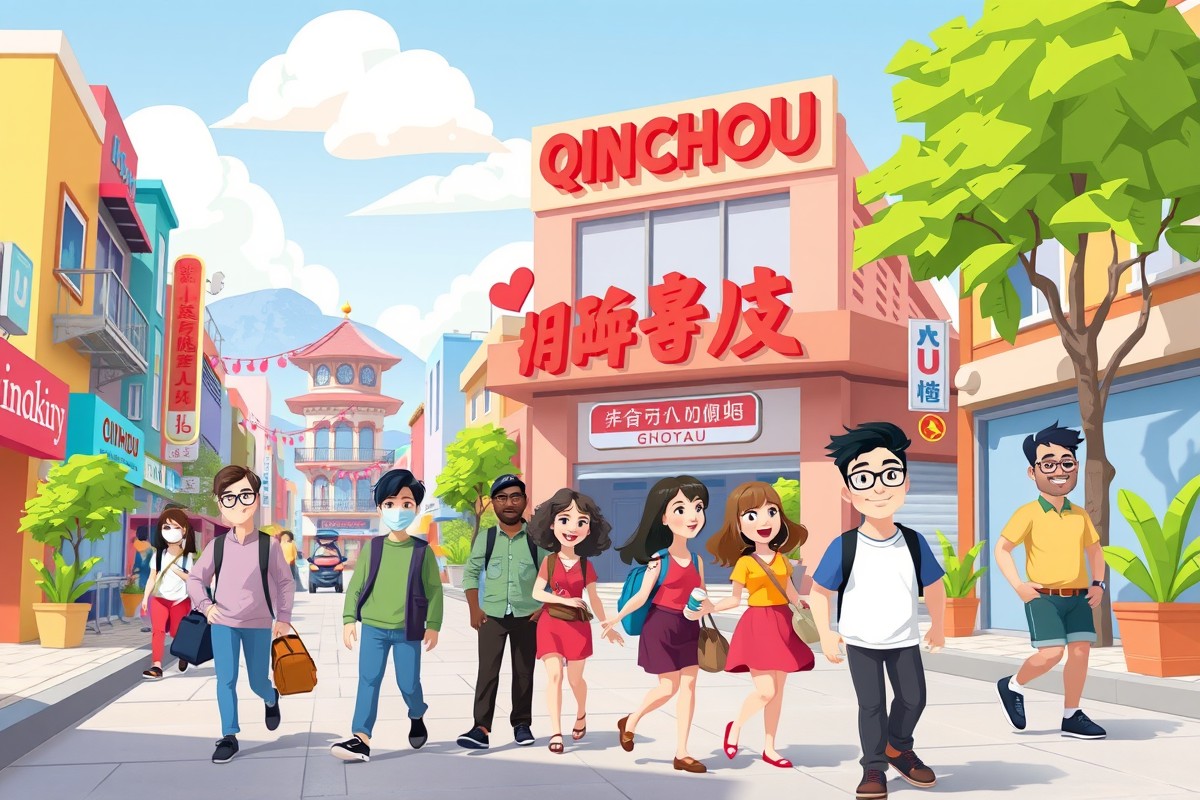 Foreigners walking near a landmark in Qinzhou for the local WeChat groups.