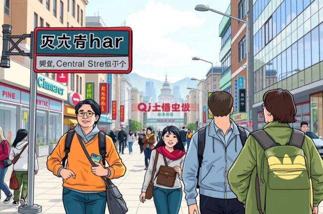 Foreigners walking in Qiqihar's Central Street, exploring the city's landmarks.