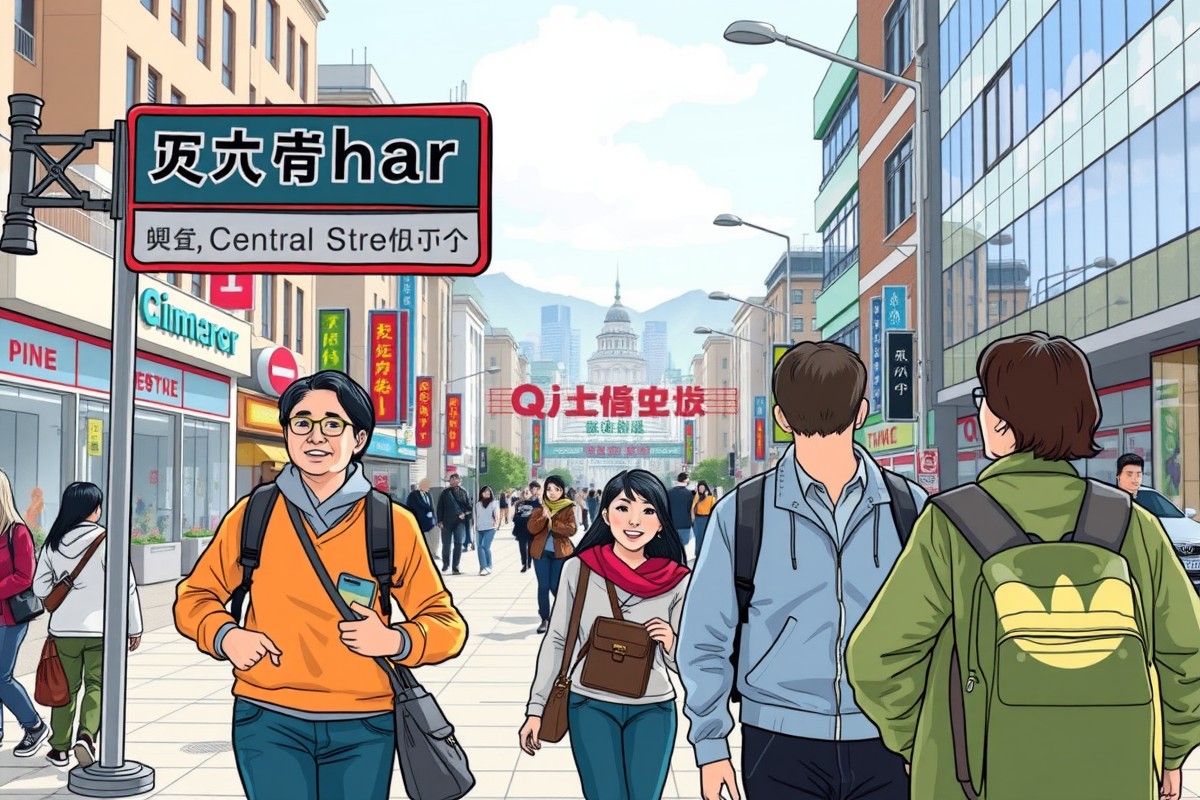 Foreigners walking in Qiqihar's Central Street, exploring the city's landmarks.