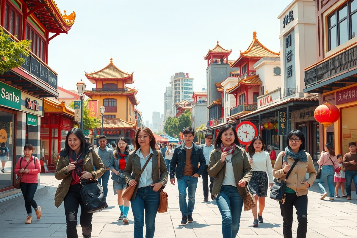 Foreigners walking in Sanhe city center, Hebei Province.