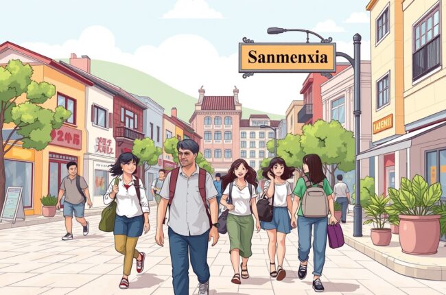 Foreigners walking in Sanmenxia city near the Sanmenxia Reservoir.