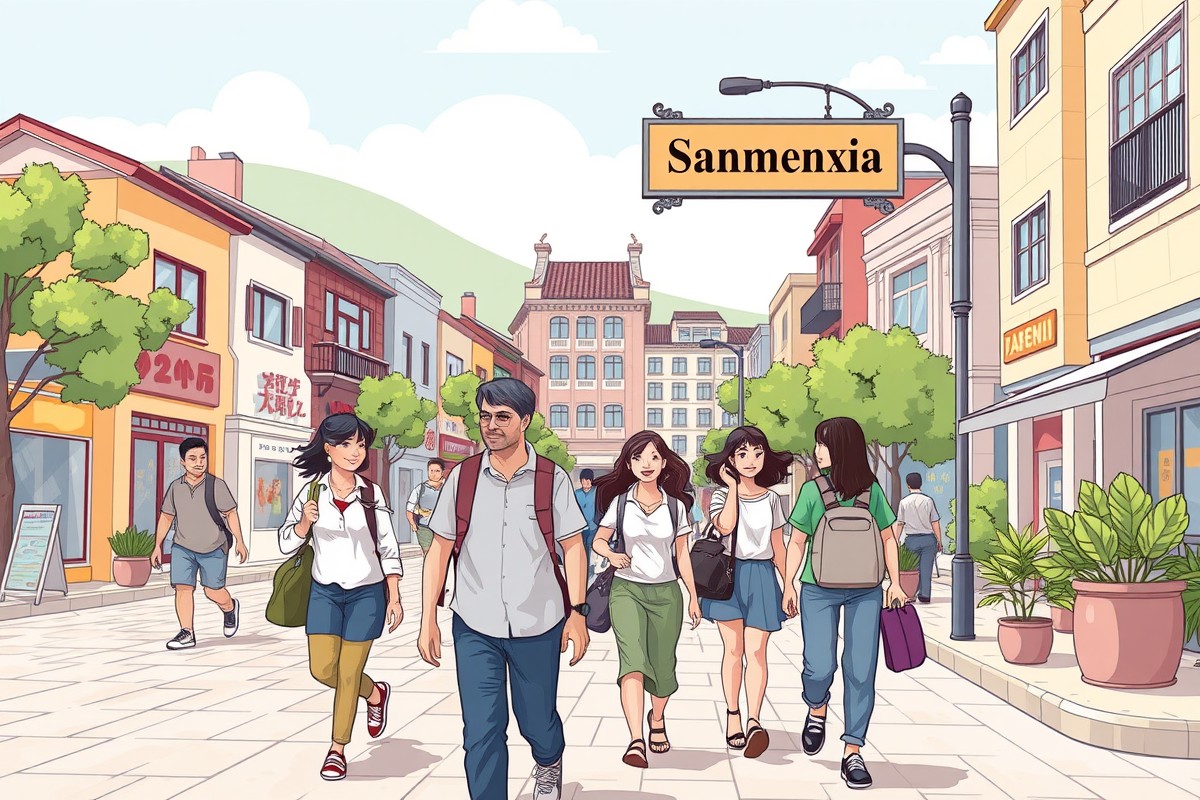 Foreigners walking in Sanmenxia city near the Sanmenxia Reservoir.