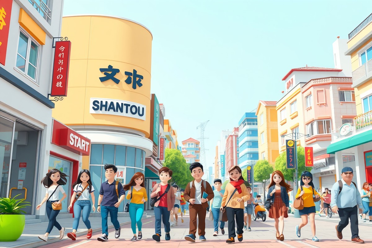 Foreigners walking near a landmark in Shantou 汕头市, Guangdong 广东 for WeChat groups.