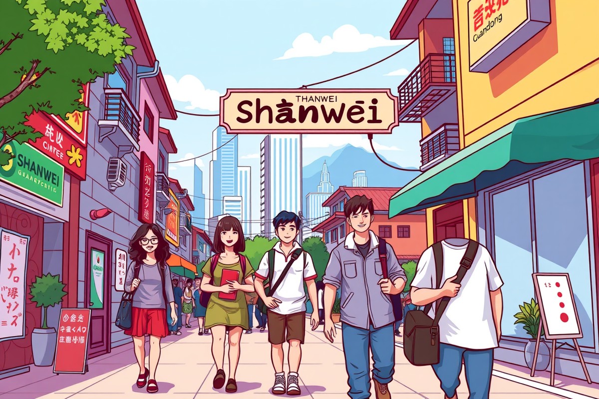 Foreigners walking near the landmark of Shanwei 汕尾市, Guangdong 广东.