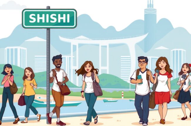 Foreigners walking near Shishi International Trade City landmark for local WeChat groups.