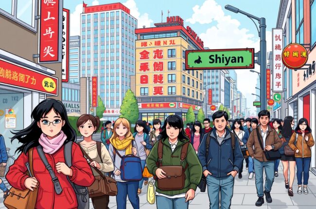 Foreigners walking in Shiyan's city center near the South Lake, for WeChat groups.