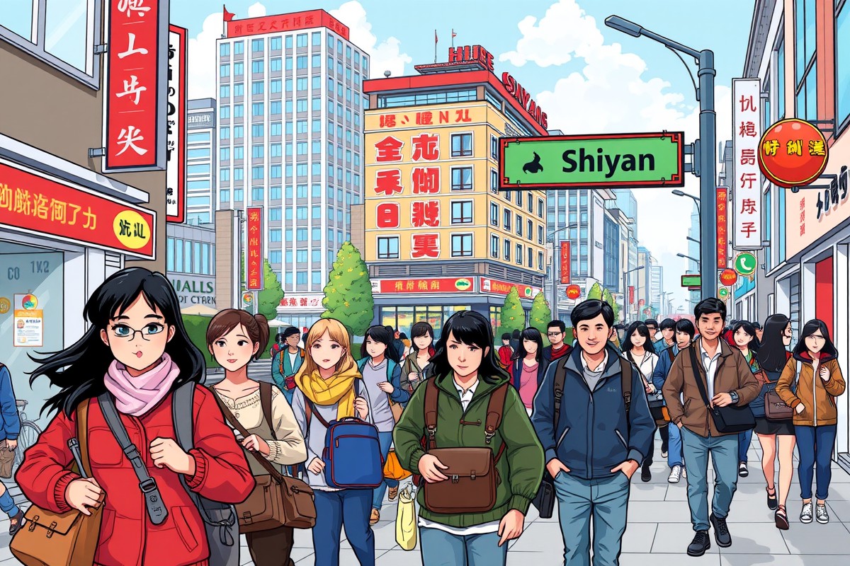 Foreigners walking in Shiyan's city center near the South Lake, for WeChat groups.