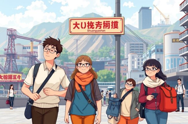 Foreigners walking near a landmark in Shuangyashan for local WeChat groups.