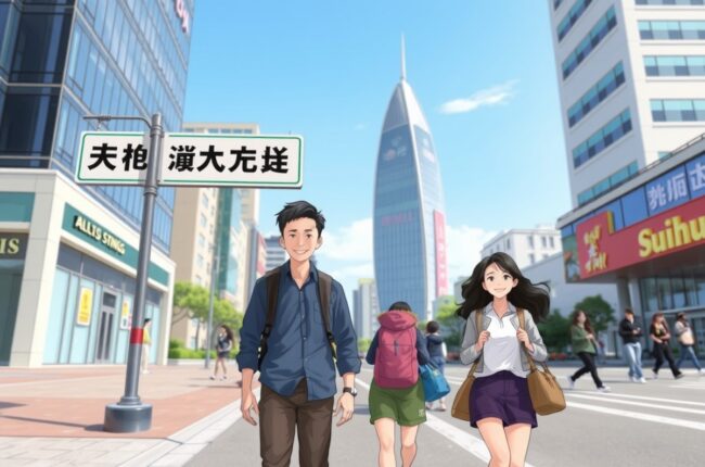 Foreigners walking near a landmark in Suihua for WeChat groups.