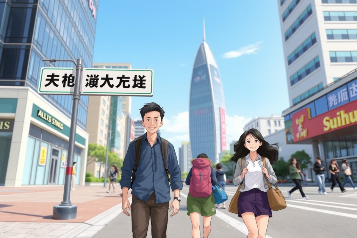 Foreigners walking near a landmark in Suihua for WeChat groups.