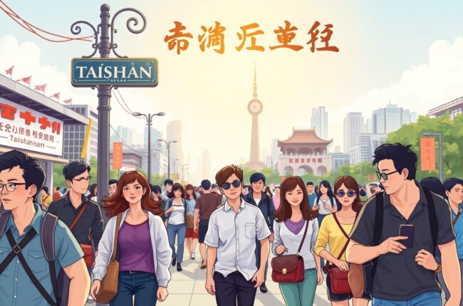 Foreigners walking in Taishan city near a landmark for WeChat groups.