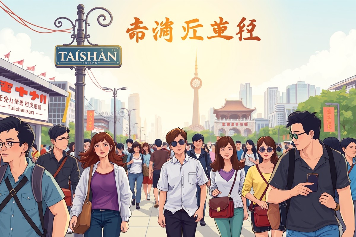 Foreigners walking in Taishan city near a landmark for WeChat groups.