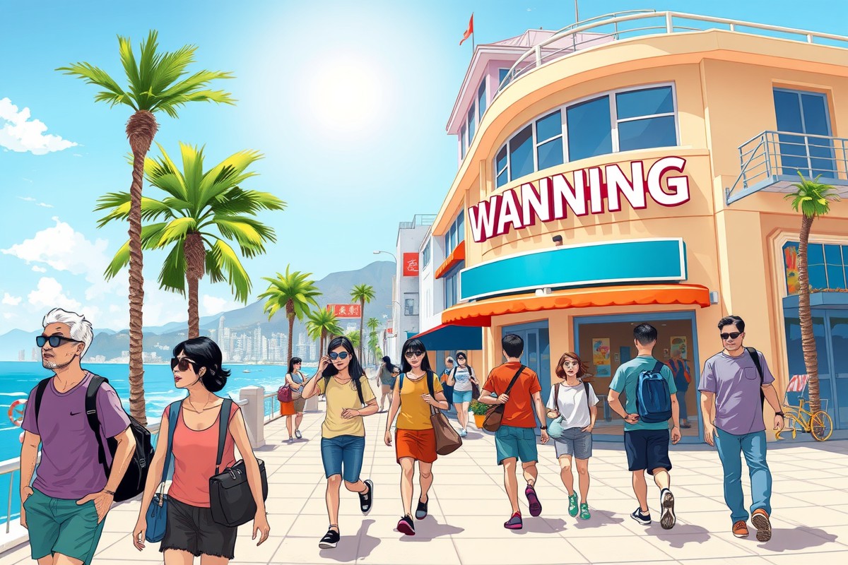 Foreigners walking near Wanning Beach in Hainan, joining local WeChat groups for jobs and housing.