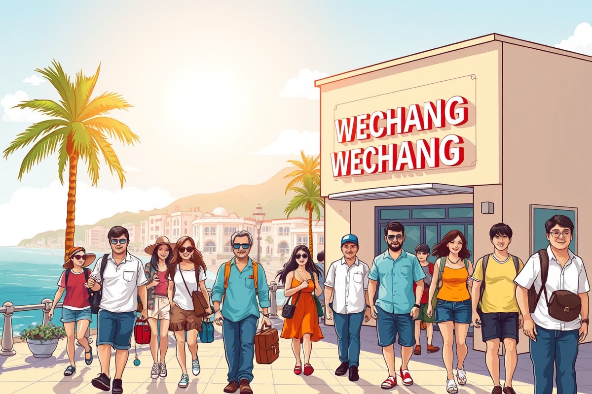 Foreigners walking near a landmark in Wenchang, Hainan, for the local WeChat groups.