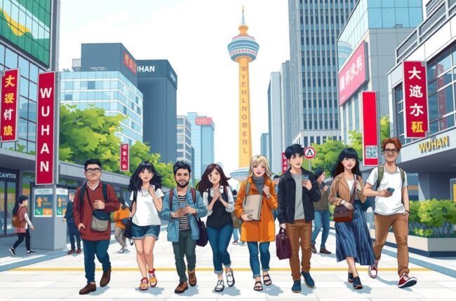 Foreigners walking near Yellow Crane Tower in Wuhan for WeChat groups.