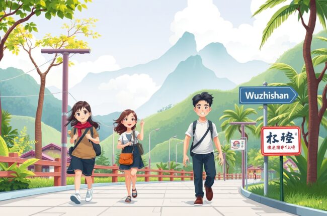 Foreigners walking near Wuzhi Mountain landmark in Wuzhishan for WeChat groups.