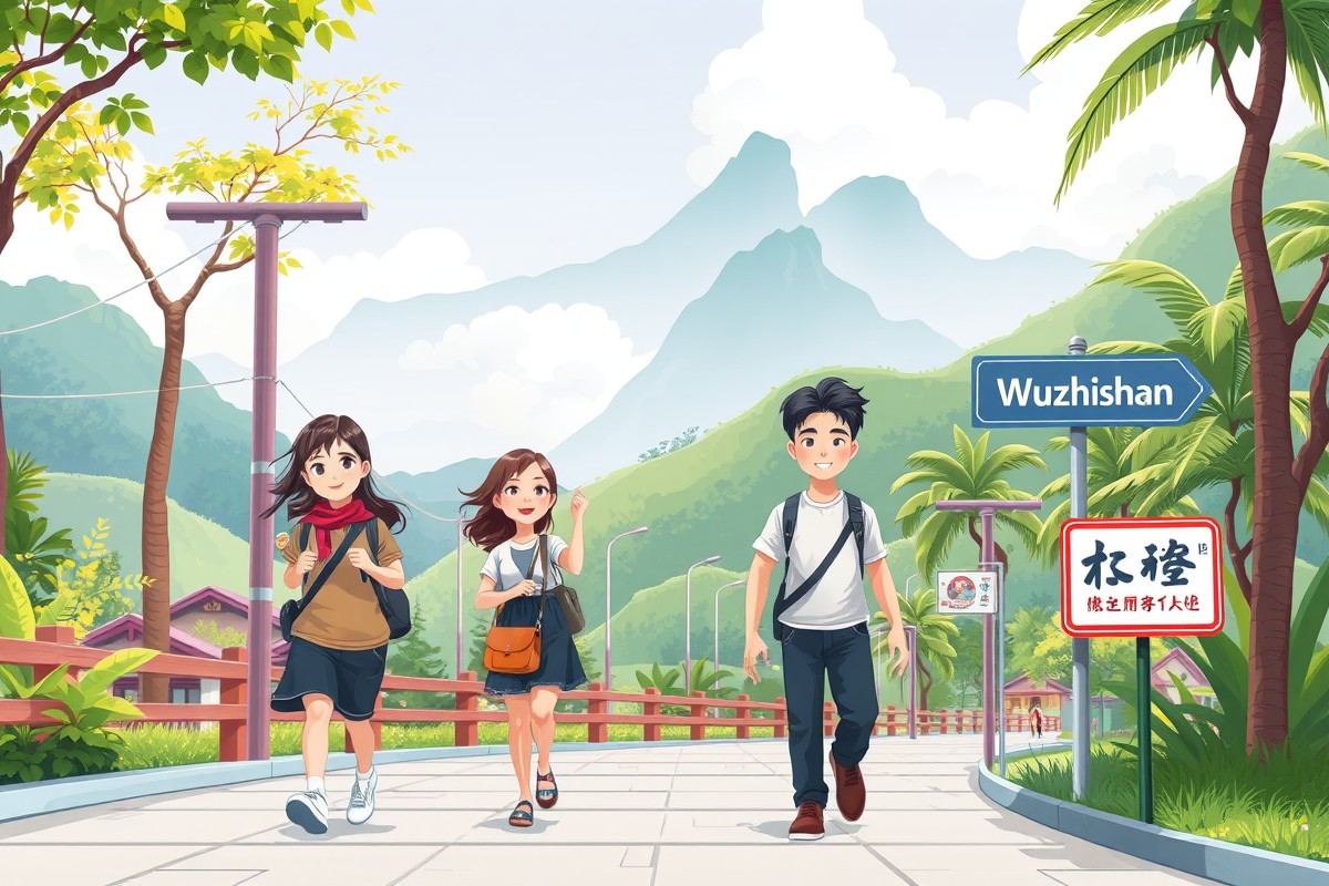 Foreigners walking near Wuzhi Mountain landmark in Wuzhishan for WeChat groups.
