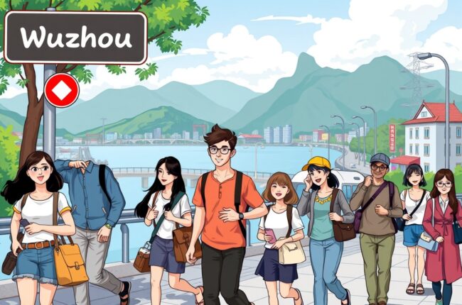 Foreigners walking near Baima Mountain landmark in Wuzhou for local WeChat groups.