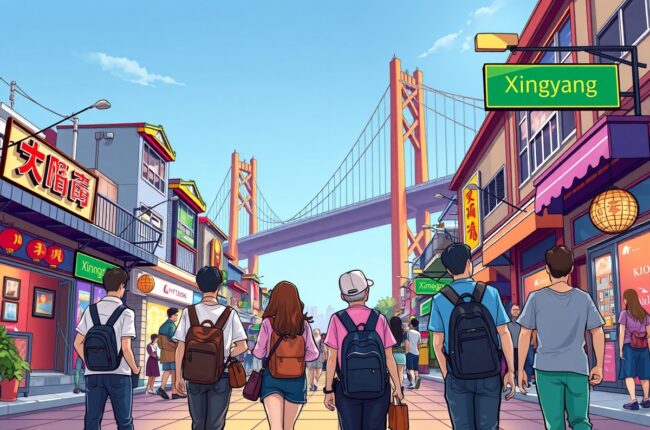 Foreigners walking in Xiangyang city near the Xiangyang Yangtze River Bridge