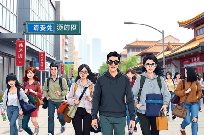 Foreigners walking in Xingtai city near a landmark.
