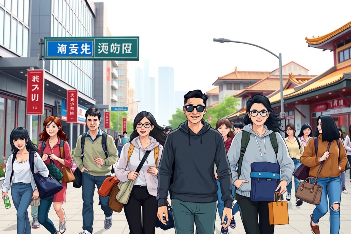 Foreigners walking in Xingtai city near a landmark.