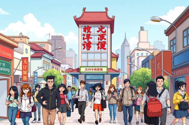 Foreigners walking near a landmark in Xinyang, Henan, to join local WeChat groups.