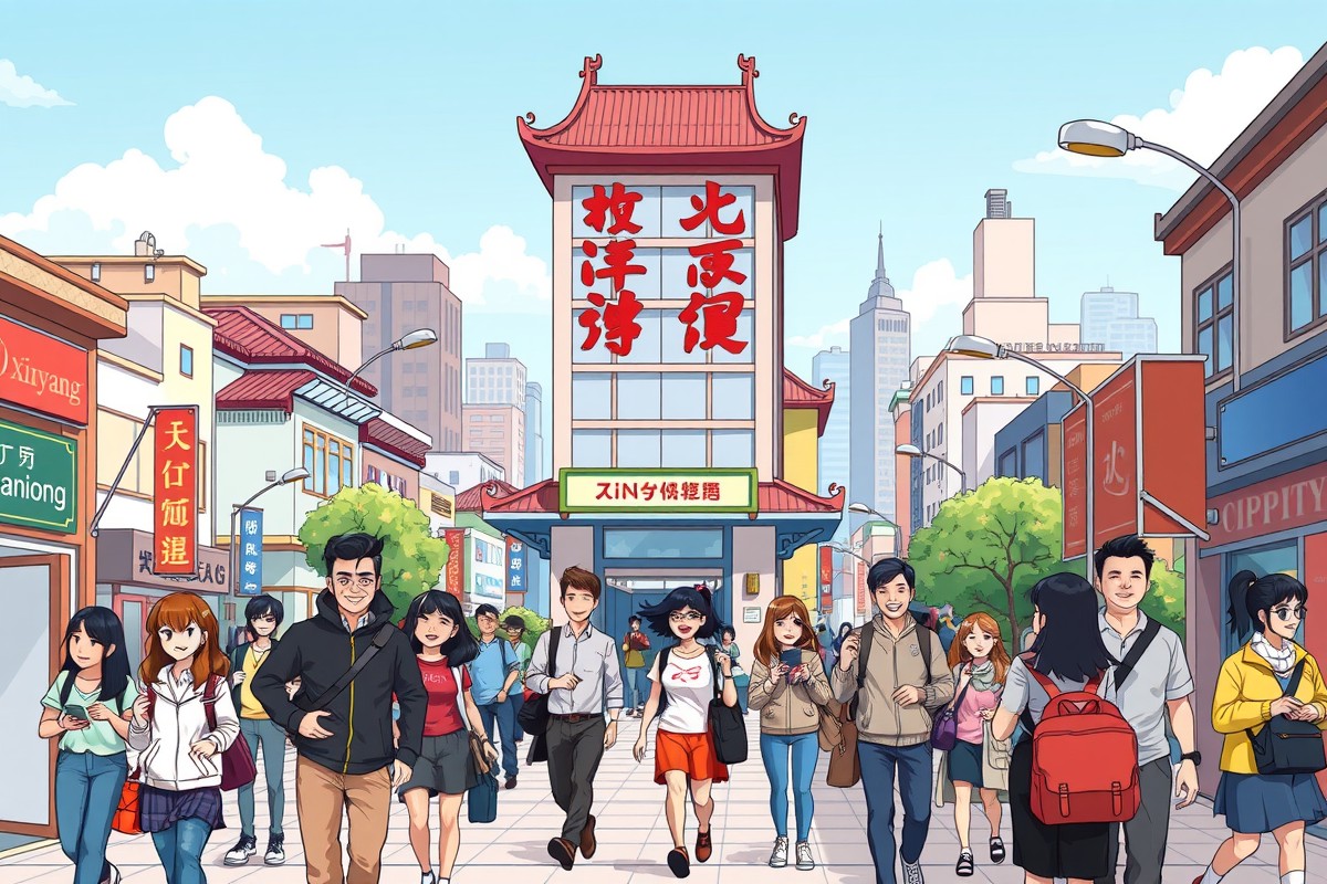 Foreigners walking near a landmark in Xinyang, Henan, to join local WeChat groups.