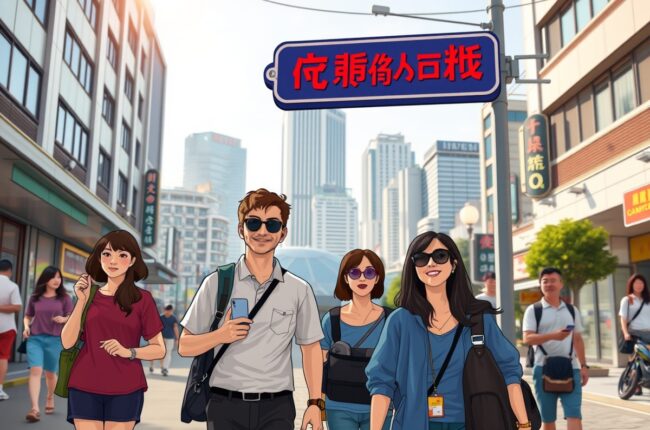 Foreigners walking in Yangchun’s city center near a landmark.