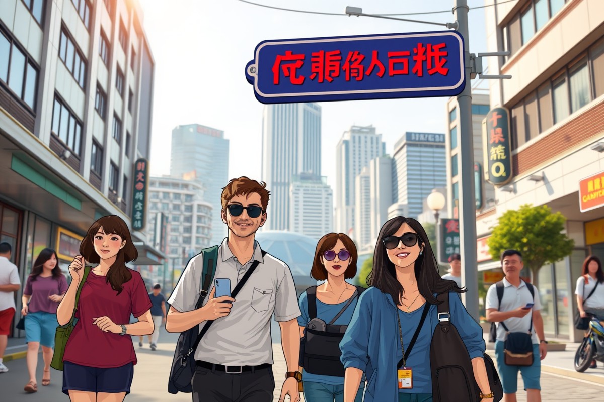 Foreigners walking in Yangchun’s city center near a landmark.