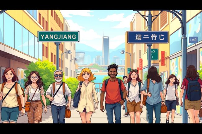 Foreigners walking near Yangjiang's coastal landmark, connecting through WeChat groups.