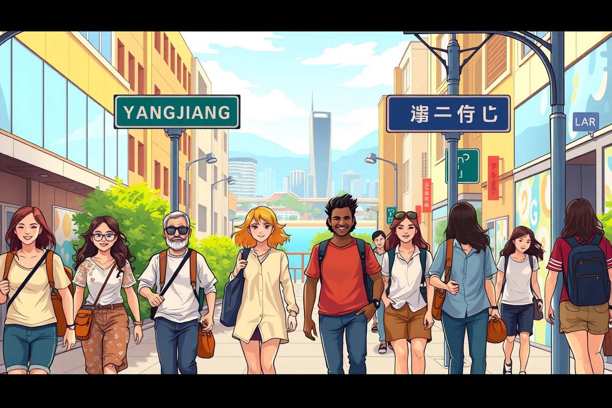 Foreigners walking near Yangjiang's coastal landmark, connecting through WeChat groups.