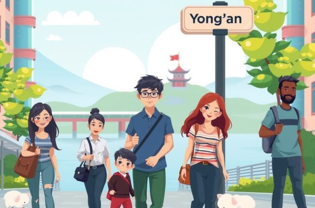 Foreigners walking near Tianxin Lake in Yong'an city, joining local WeChat groups for jobs and housing.