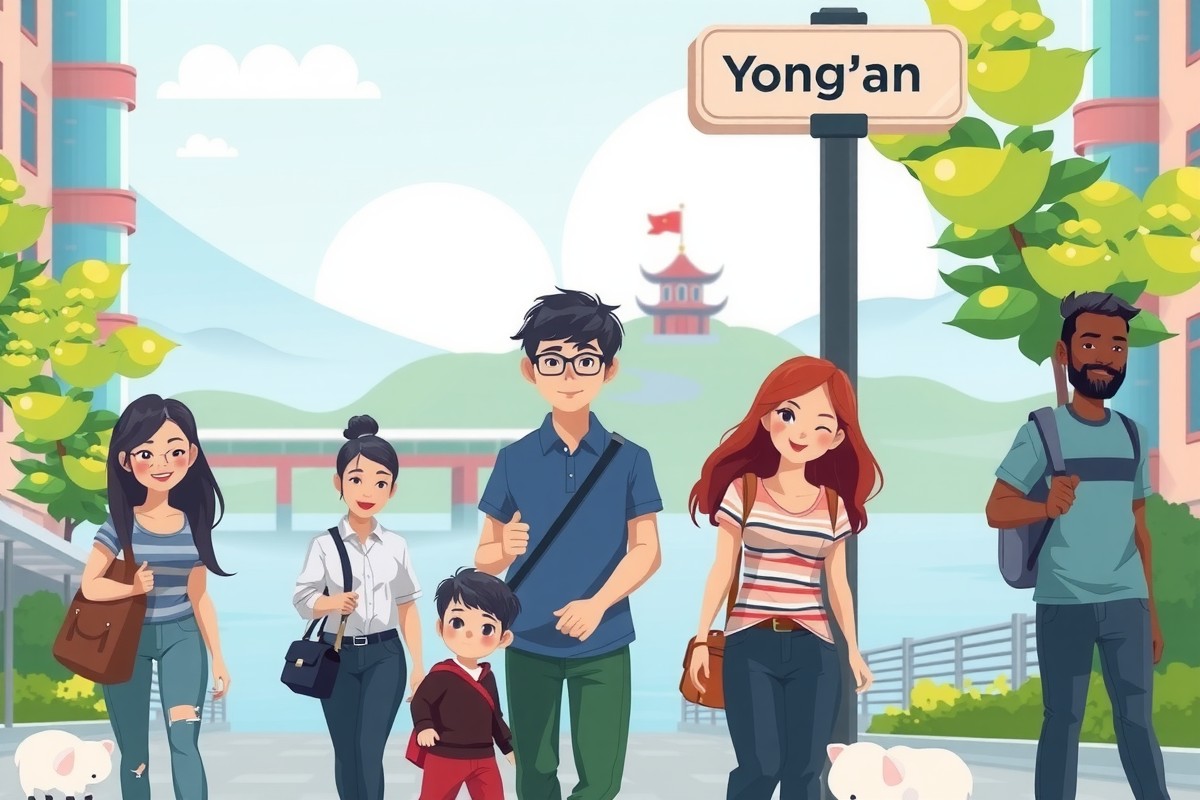 Foreigners walking near Tianxin Lake in Yong'an city, joining local WeChat groups for jobs and housing.