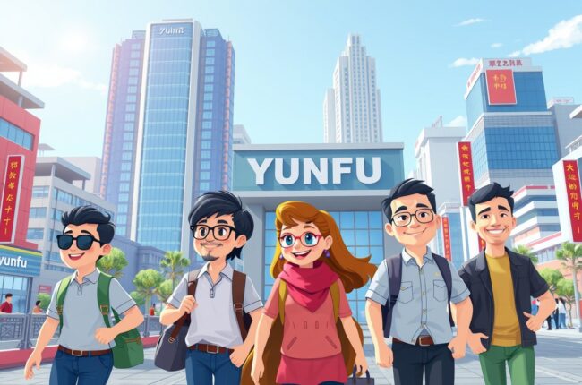 Foreigners walking in Yunfu city near local landmarks to join the local WeChat groups.