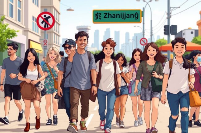 Foreigners walking near Zhanjiang’s landmark, connecting through WeChat groups.