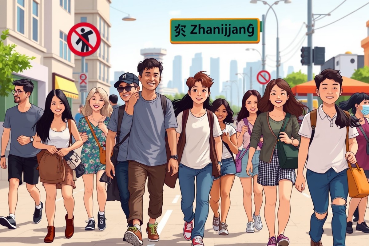 Foreigners walking near Zhanjiang’s landmark, connecting through WeChat groups.