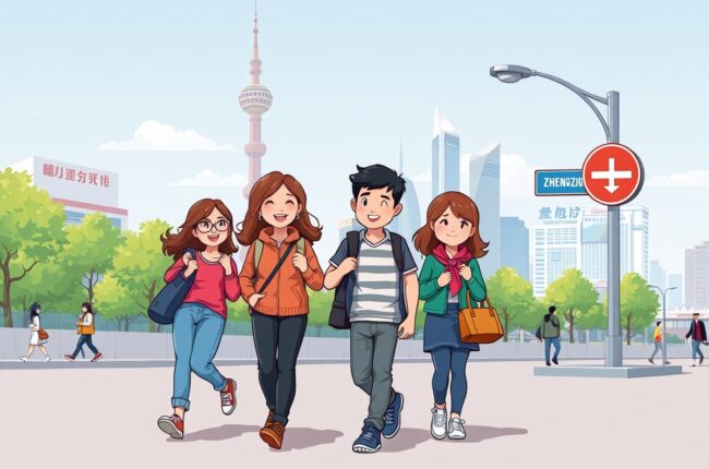 Foreigners walking near Erqi Tower in Zhengzhou for local WeChat groups.