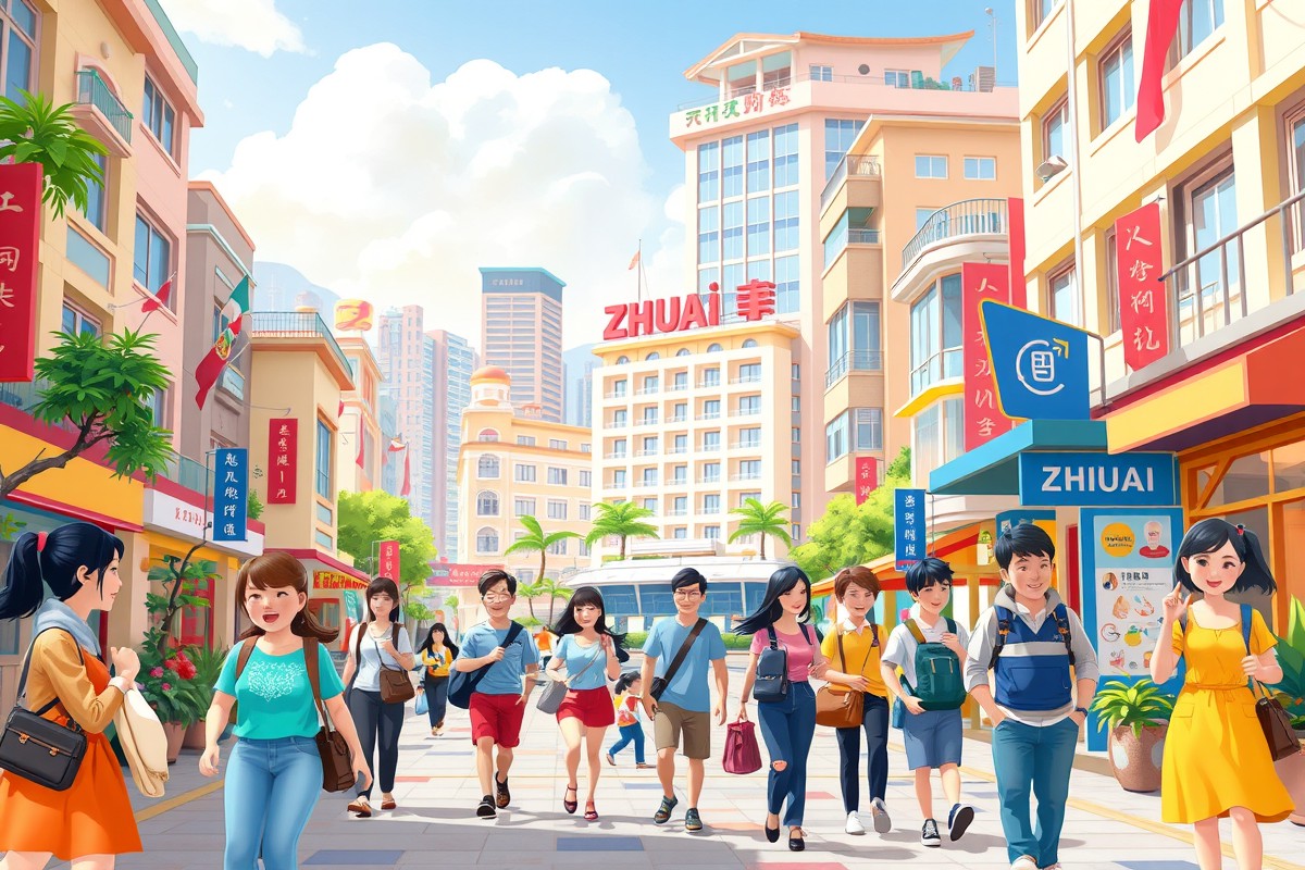 Foreigners walking near a landmark in Zhuhai city for the local WeChat groups.