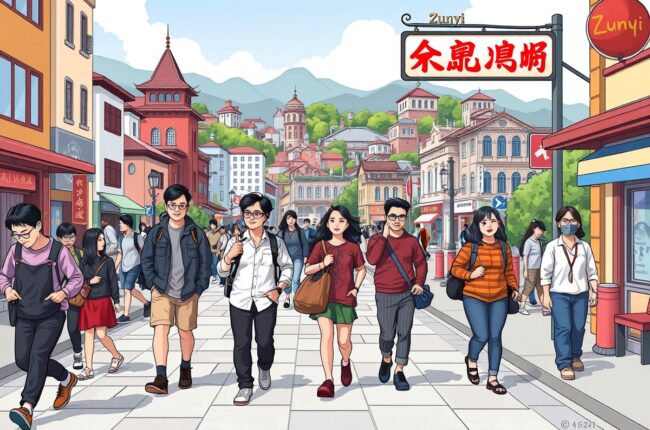 Foreigners walking in Zunyi, Guizhou near a landmark for WeChat groups.