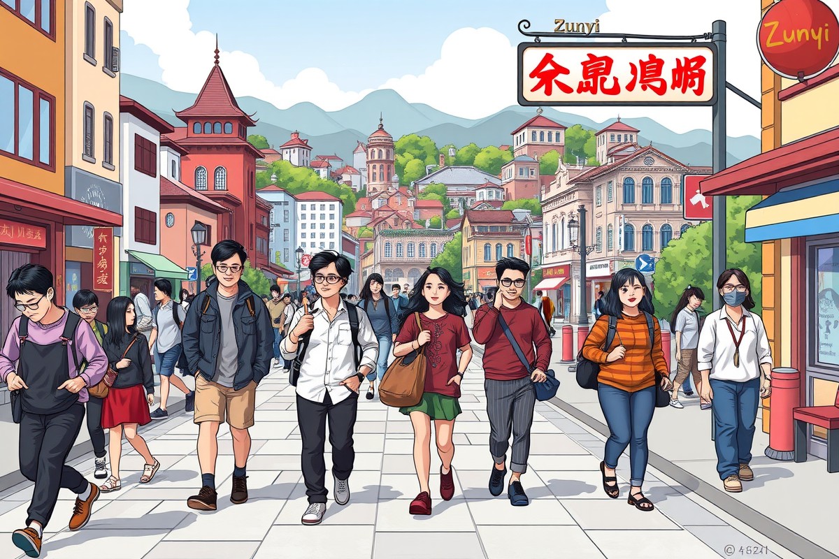 Foreigners walking in Zunyi, Guizhou near a landmark for WeChat groups.