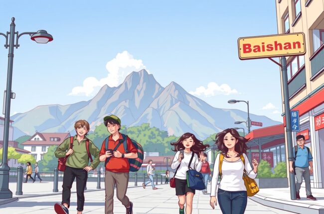 Foreigners walking near Changbai Mountain landmark in Baishan for WeChat groups.