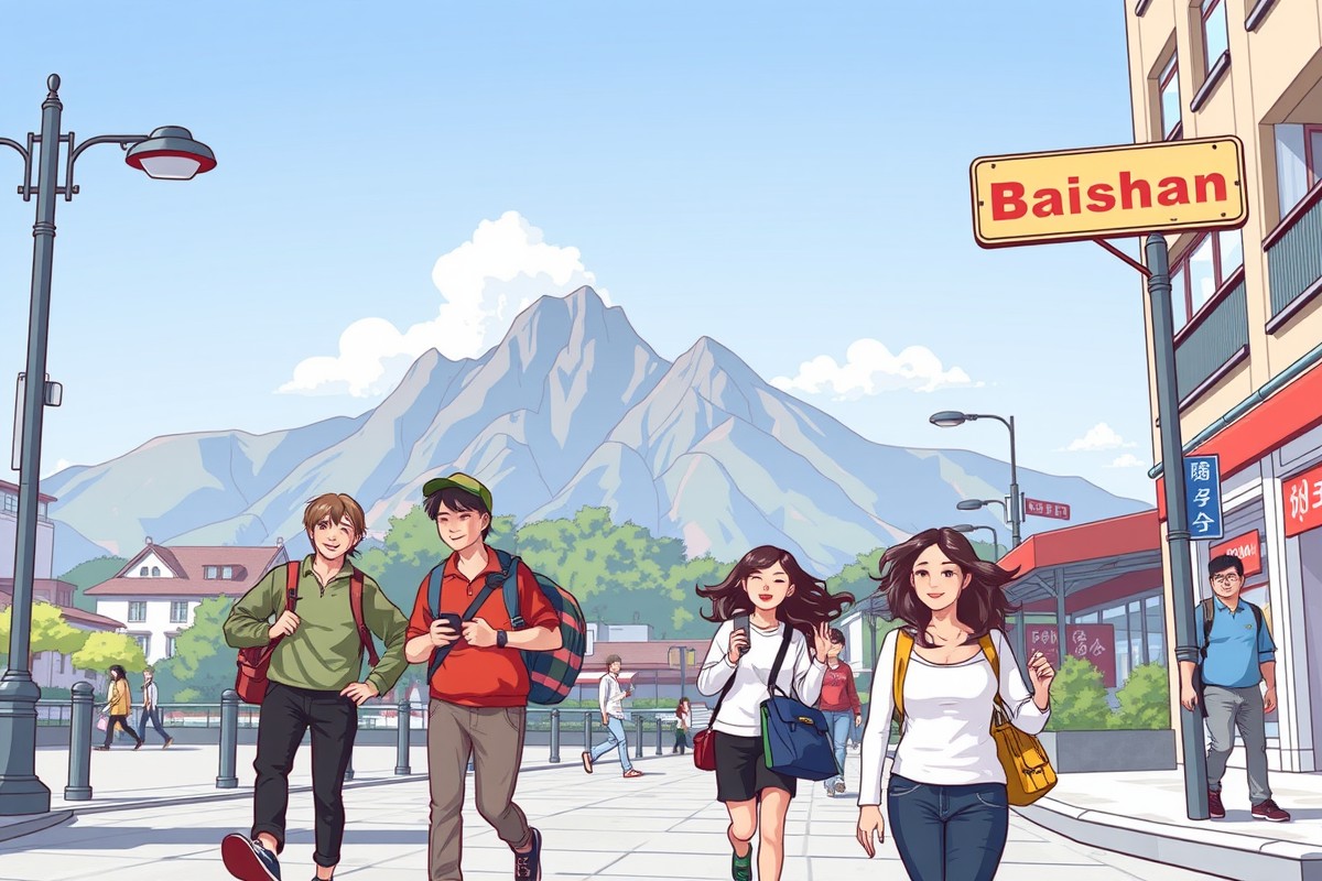 Foreigners walking near Changbai Mountain landmark in Baishan for WeChat groups.
