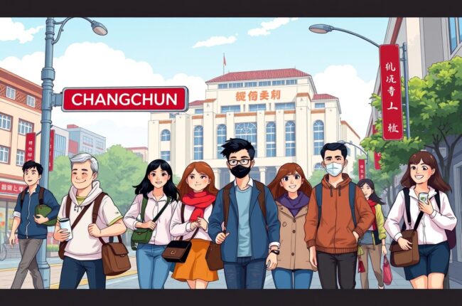 Foreigners walking near Changchun Film Studio landmark for expat WeChat groups.