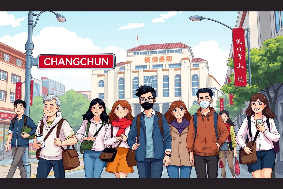 Foreigners walking near Changchun Film Studio landmark for expat WeChat groups.