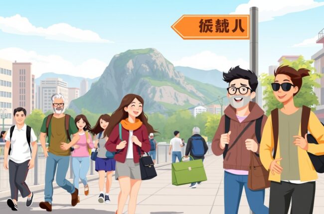 Foreigners walking near Tianping Mountain landmark in Changshu for WeChat groups.