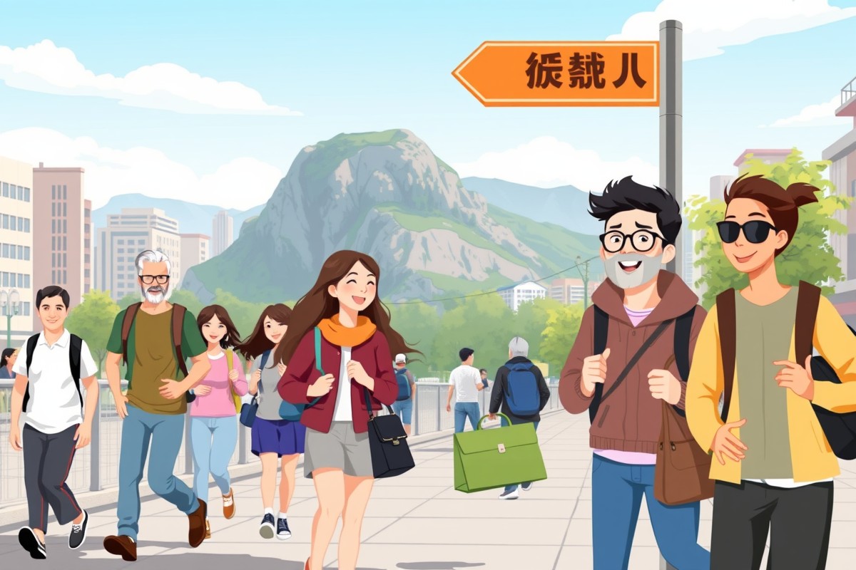 Foreigners walking near Tianping Mountain landmark in Changshu for WeChat groups.